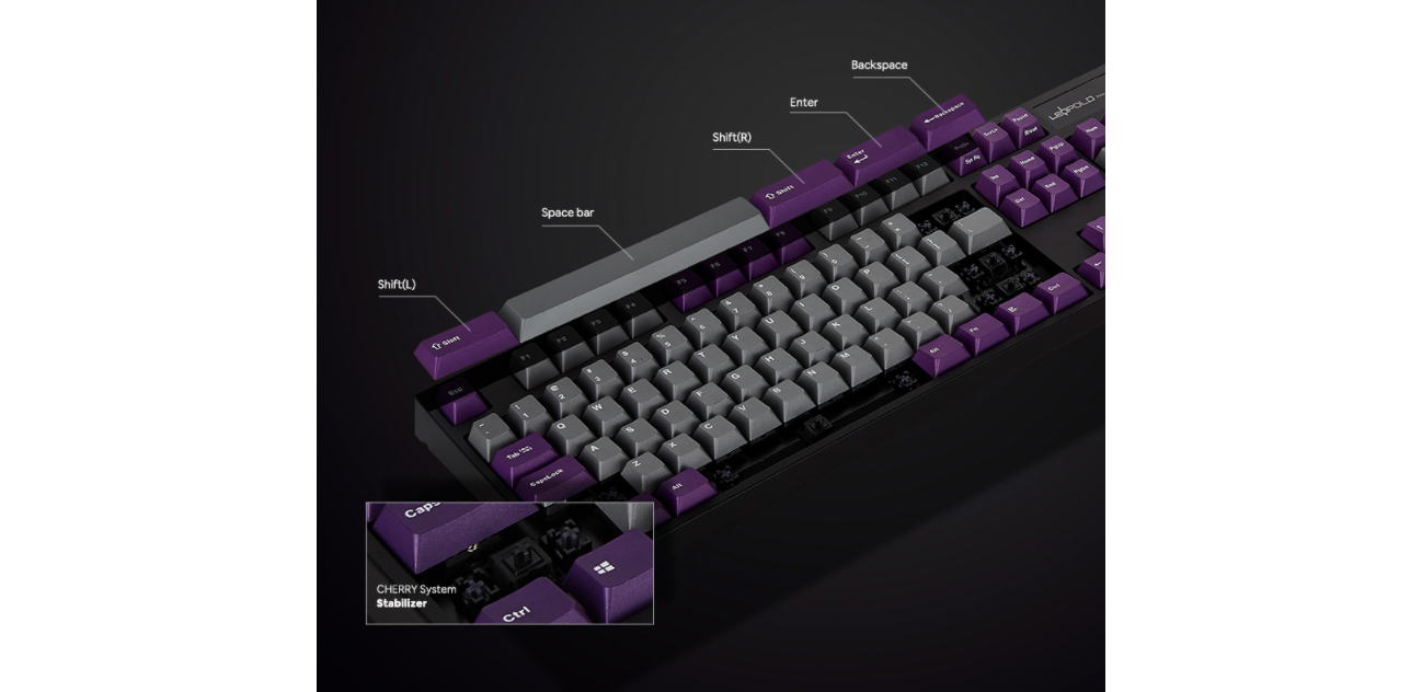 Bàn phím cơ Leopold FC900RPD (USB/PBT Doubleshot/Grey Purple/Silent Red sw) sử dụng hệ thống stab cherry 